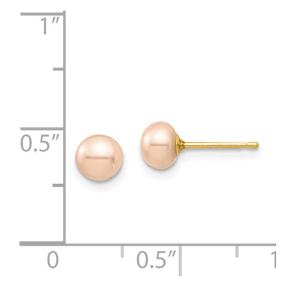 14k Yellow Gold 6mm Pink Button Cultured Pearl Stud Earrings with Silicone Backs