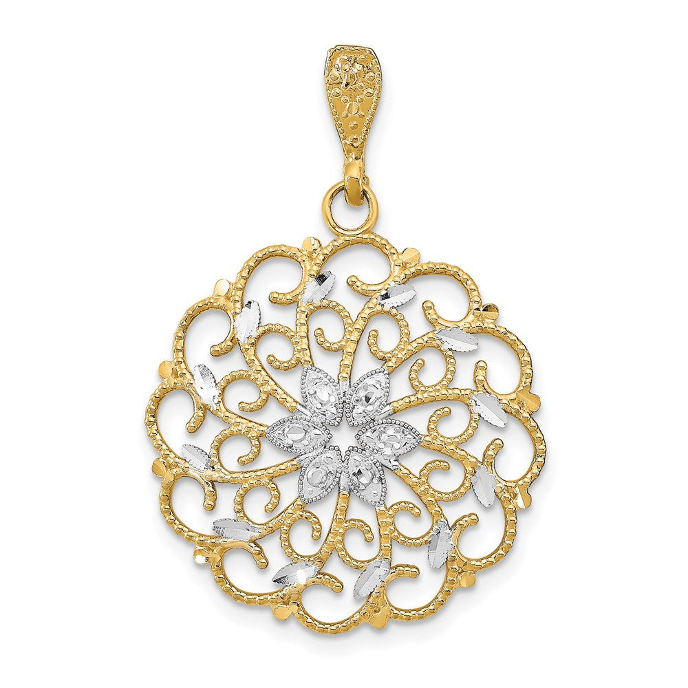 14k Yellow Gold Rhodium Diamond-Cut Scalloped Wave Charm Pendant