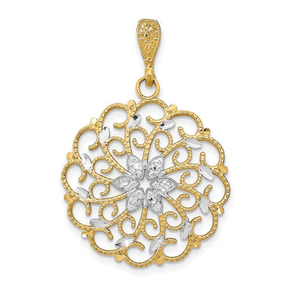 14k Yellow Gold Rhodium Diamond-Cut Scalloped Wave Charm Pendant