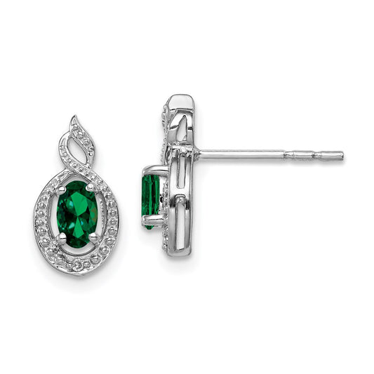 Sterling Silver Rhodium-plated Created Emerald & Diam. Button Stud Earrings