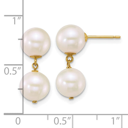 14k Yellow Gold Polished 7-8mm Round Freshwater Cultured 2-Pearl Dangle Earrings