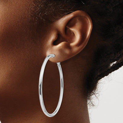 14k White Gold 3x50mm Polished Round Omega Back Hoop Earrings
