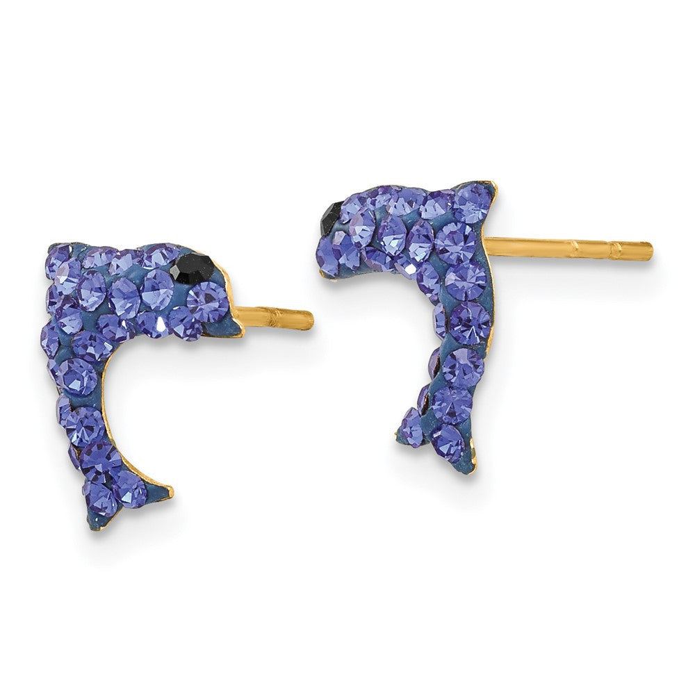 14k Yellow Gold Crystal Blue Dolphin Stud Earrings