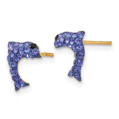 14k Yellow Gold Crystal Blue Dolphin Stud Earrings