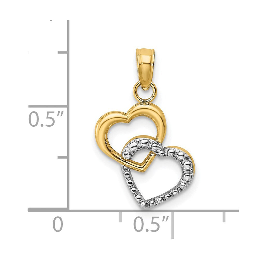 14k Yellow Gold Rhodium Polished and Textured Intertwined Hearts Charm Pendant