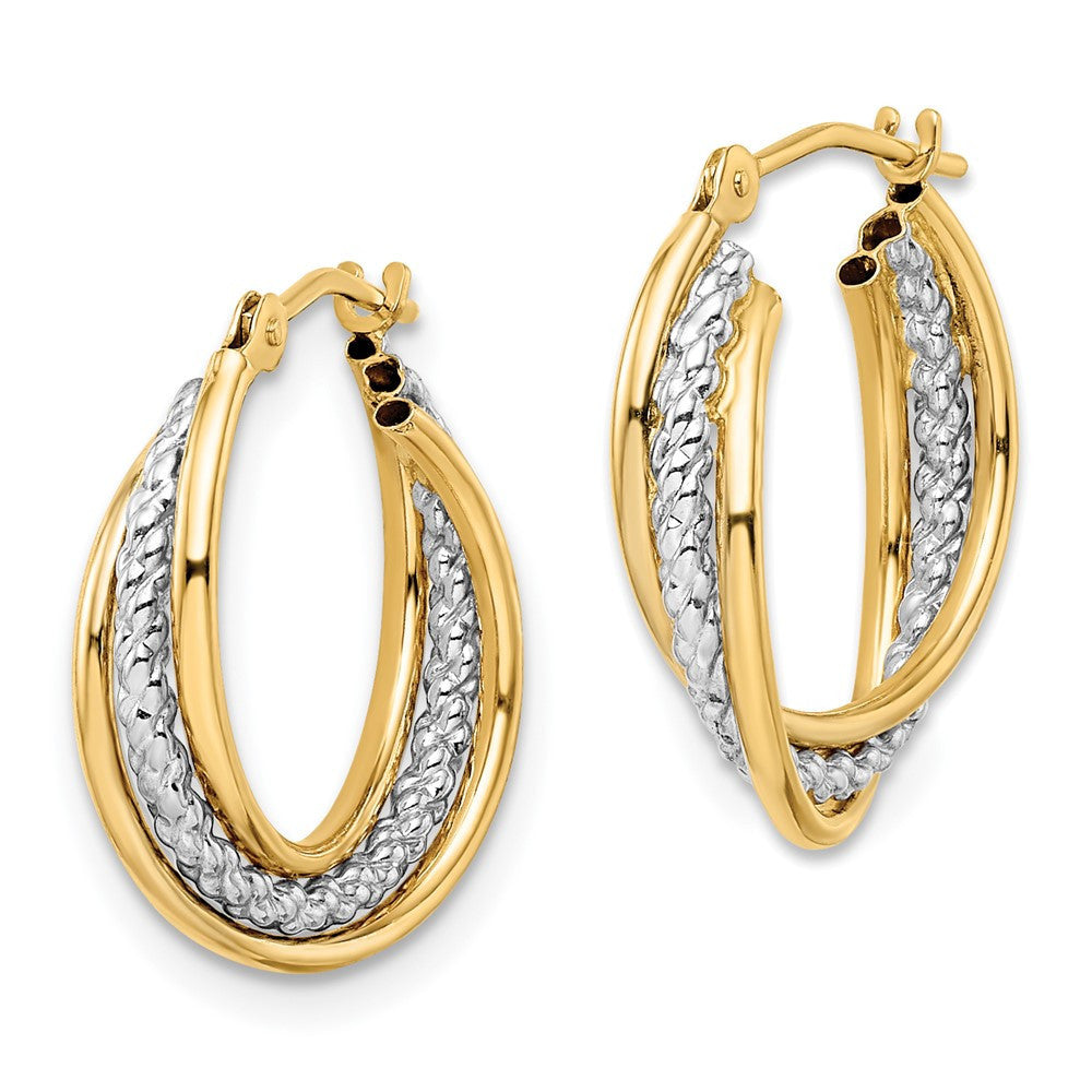 14k Yellow Gold w/ White Rhodium Polished Textured Hoops