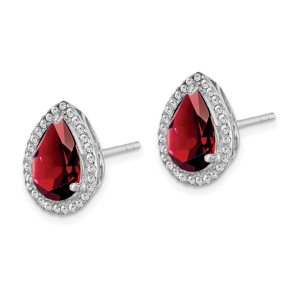 Sterling Silver Rhodium Polished Garnet & CZ Button Stud Earrings