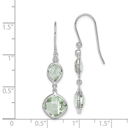 Sterling Silver Rhodium Plated Diamond and Green Quartz Dangle Earrings