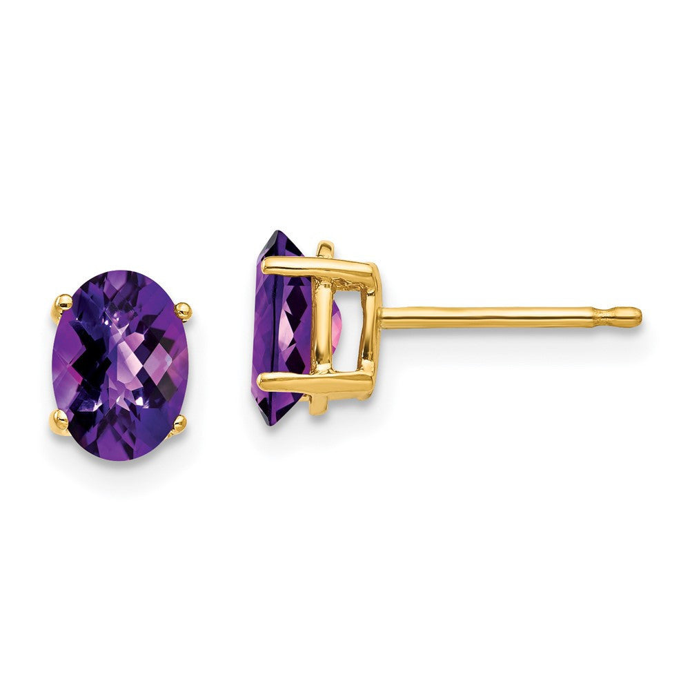 14k Yellow Gold 7x5mm Oval Amethyst Checker Stud Earrings
