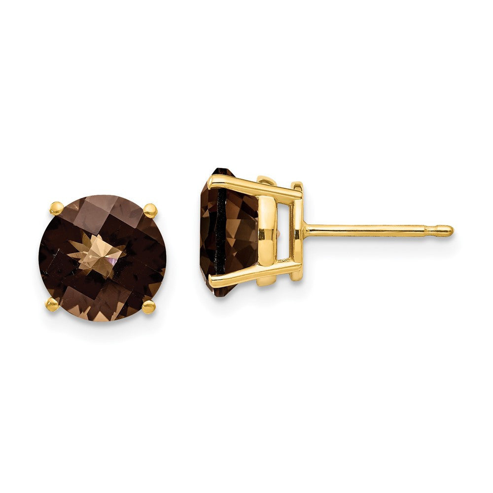 14k Yellow Gold 8mm Round Checker-Cut Smoky Quartz Stud Earrings