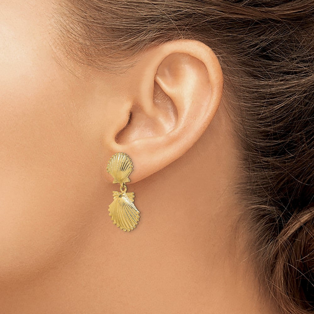14k Yellow Gold Double Scallop Shell Dangle Earrings