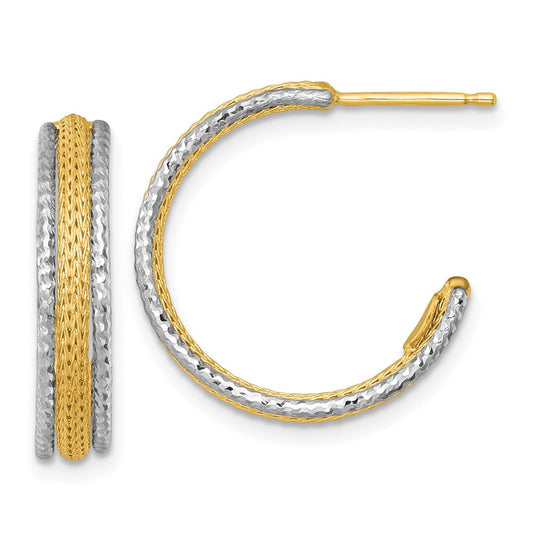 14k Two-Tone Textured Woven 4mm J-Hoop Earrings