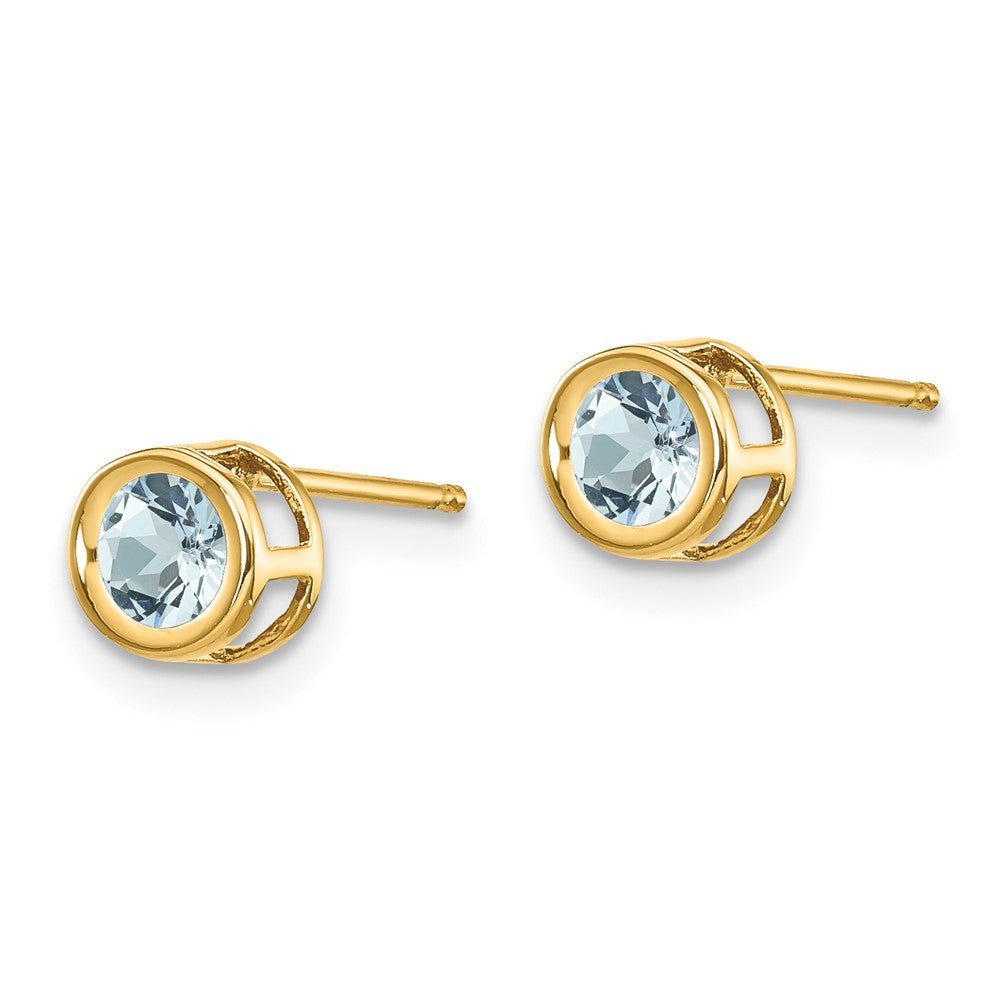14k Yellow Gold 4mm Bezel March/Aquamarine Stud Earrings