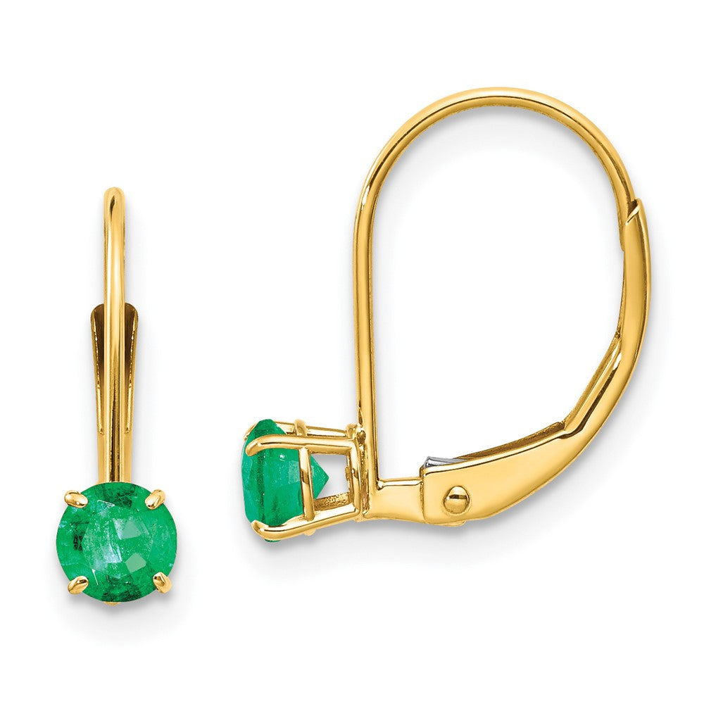 14k Yellow Gold 4mm Round May/Emerald Leverback Dangle Earrings
