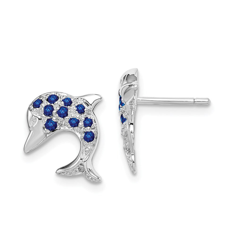Sterling Silver Rhodium Sapphire & Diamond Dolphin Button Stud Earrings