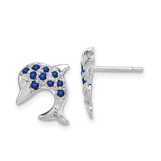 Sterling Silver Rhodium Sapphire & Diamond Dolphin Button Stud Earrings