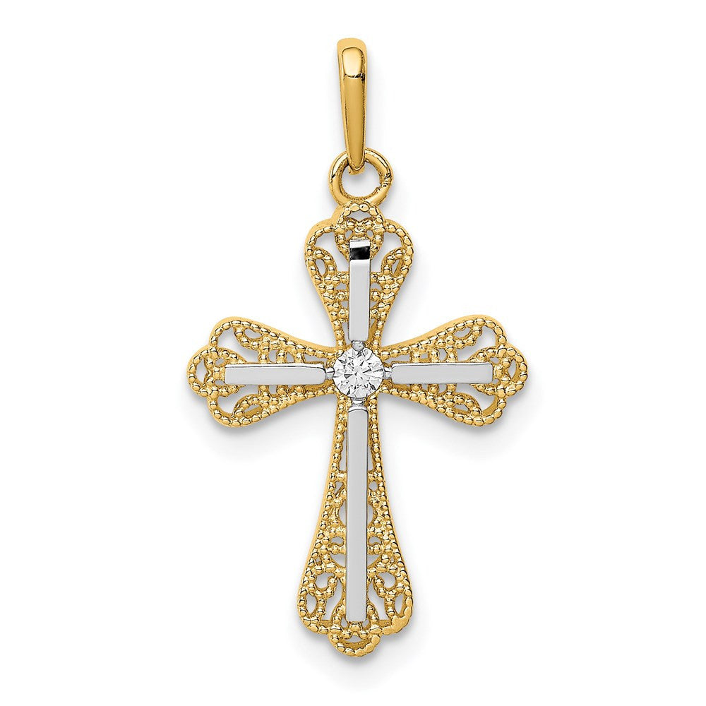 14k Yellow Gold w/White Rhodium CZ Cross Pendant