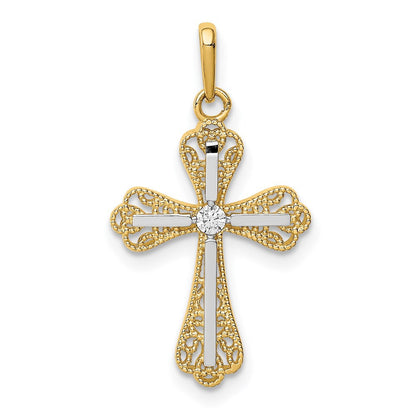 14k Yellow Gold w/White Rhodium CZ Cross Pendant