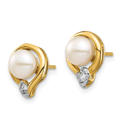 14k Yellow Gold 5-6mm Button Freshwater Cultured Pearl & Diamond Stud Earrings