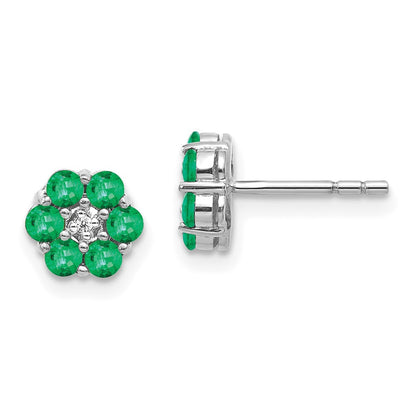 14k White Gold Polished Emerald and Diamond Button Stud Earrings