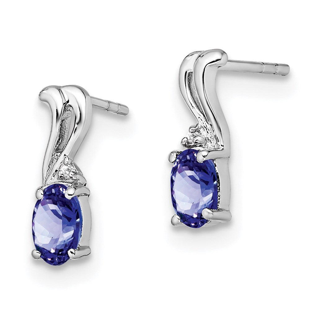 Sterling Silver Rhodium Plated Diamond & Tanzanite Oval Dangle Earrings