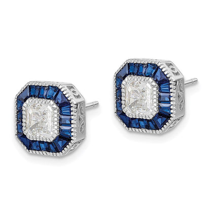 Sterling Silver Rhodium-plated Synthetic Blue Spinel and CZ Button Stud Earrings
