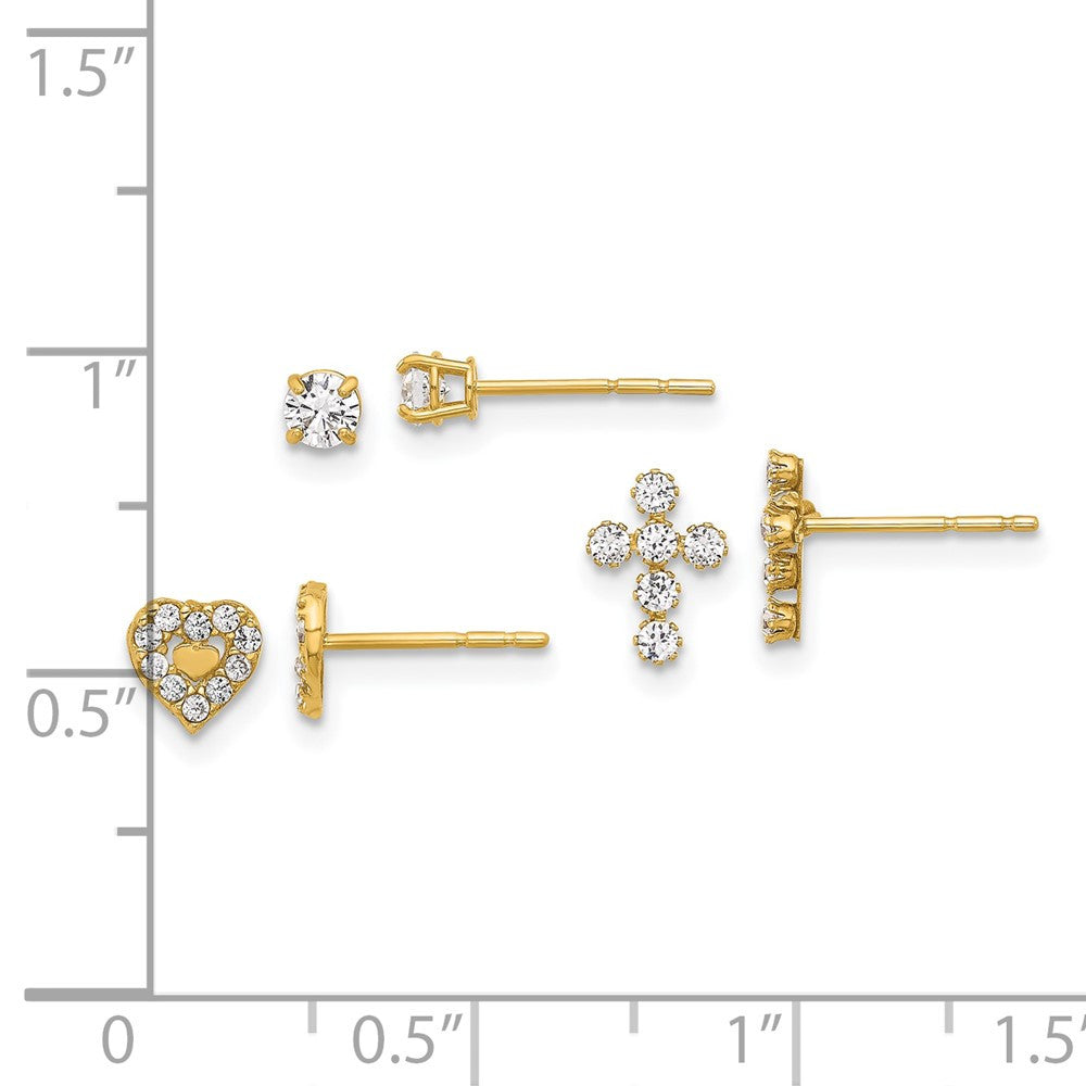 14k Yellow Gold Polished CZ Cross Heart and Earring Set