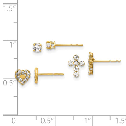 14k Yellow Gold Polished CZ Cross Heart and Earring Set