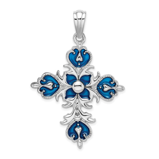 Sterling Silver Rhodium-Plated Polished Enameled Fleur de Lis Cross Pendant