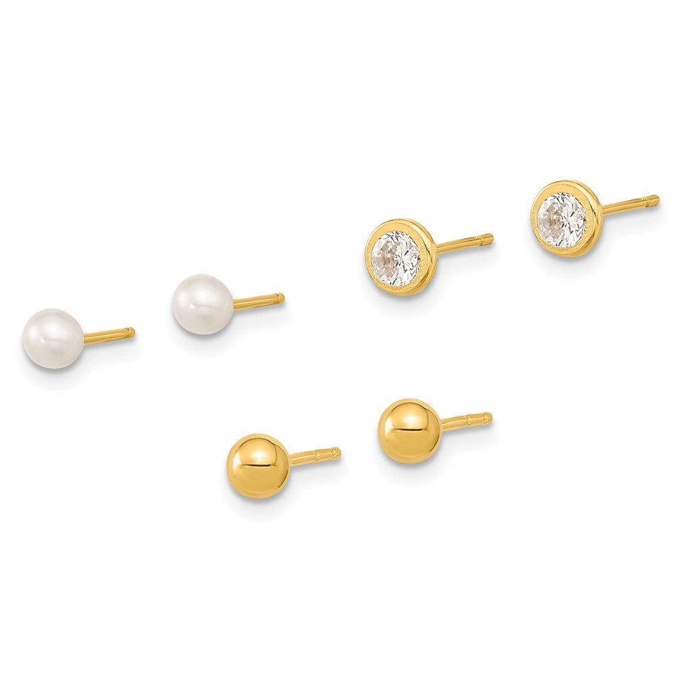 14k Yellow Gold Polished Set of Pearl and CZ Bezel 3 Pair Ball Stud Earrings Set