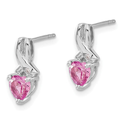 Sterling Silver Rhod-plated Created Pink Sapphire/Diamond Dangle Earrings