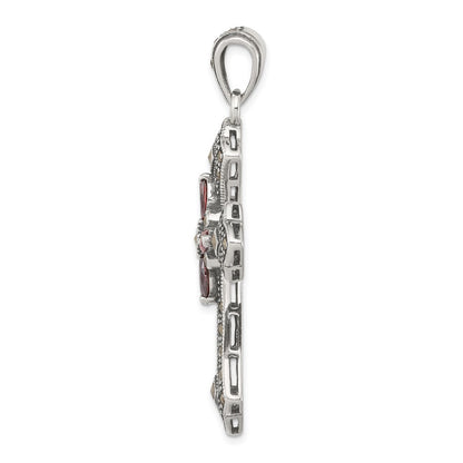 Sterling Silver Antiqued Red Marquise CZ Marcasite Cross Pendant