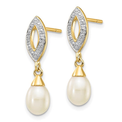 14k Yellow Gold 7x5mm White Teardrop FWC Pearl .01ct Diamond Dangle Earrings