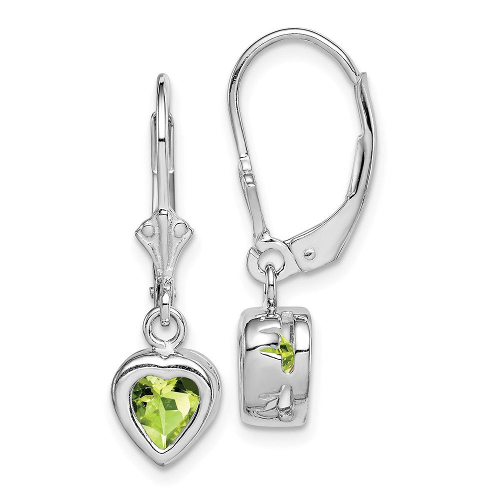 Sterling Silver Rhodium Plated 6mm Heart Peridot Leverback Dangle Earrings