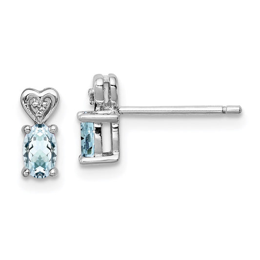 Sterling Silver Rhodium-plated Aquamarine & Diam. Button Stud Earrings