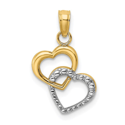 14k Yellow Gold Rhodium Polished and Textured Intertwined Hearts Charm Pendant