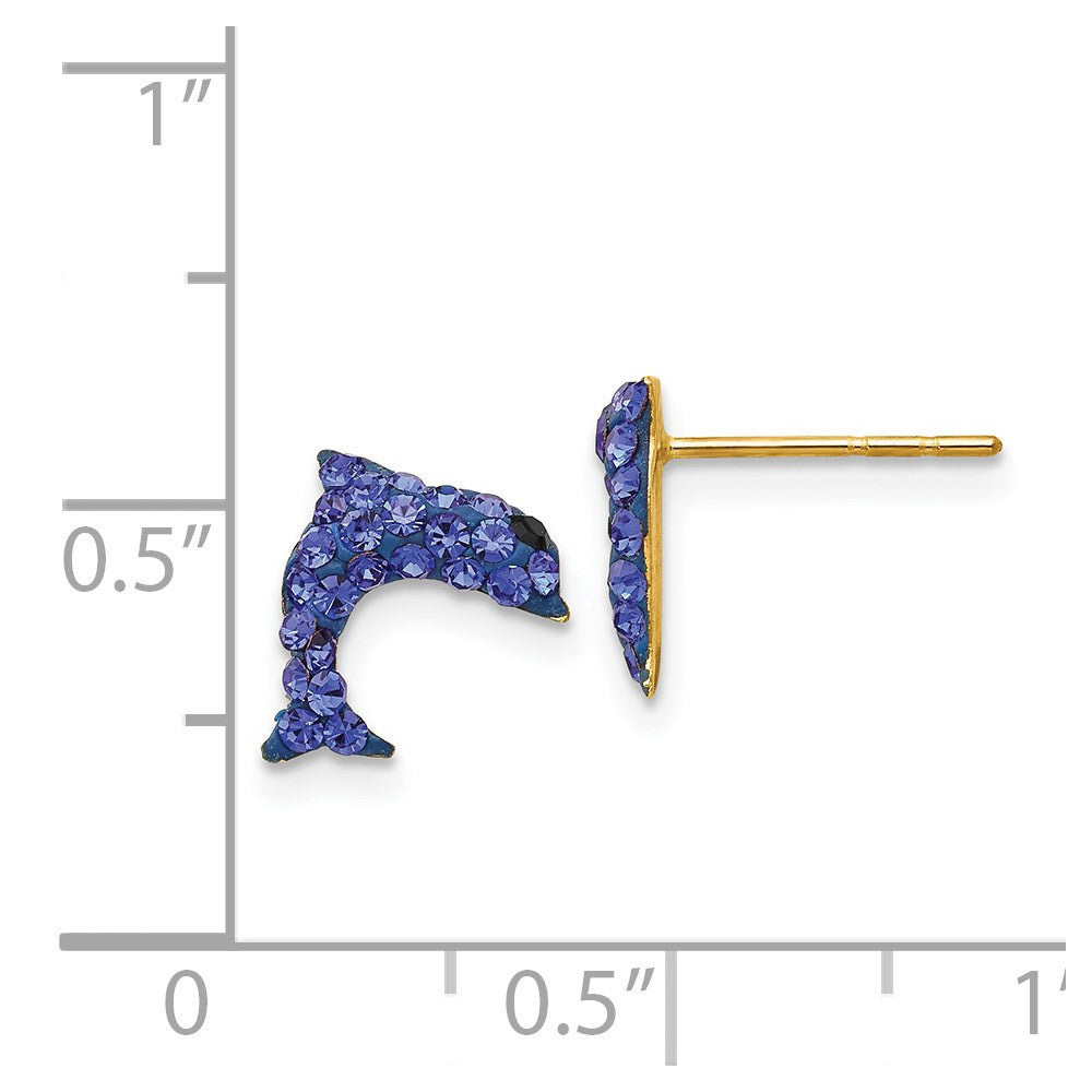 14k Yellow Gold Crystal Blue Dolphin Stud Earrings