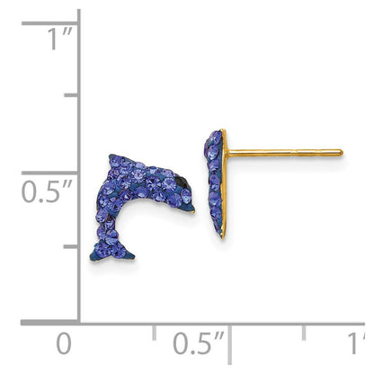 14k Yellow Gold Crystal Blue Dolphin Stud Earrings