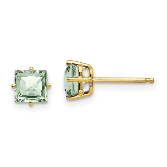 14k Yellow Gold 5mm Square Checker-Cut Green Quartz Stud Earrings