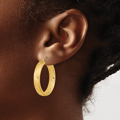 14k Yellow Gold Polished Satin and Diamond-cut Hoop Earrings