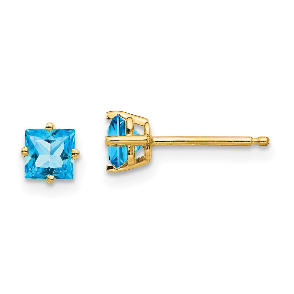 14k Yellow Gold 4mm Princess Cut Blue Topaz Stud Earrings