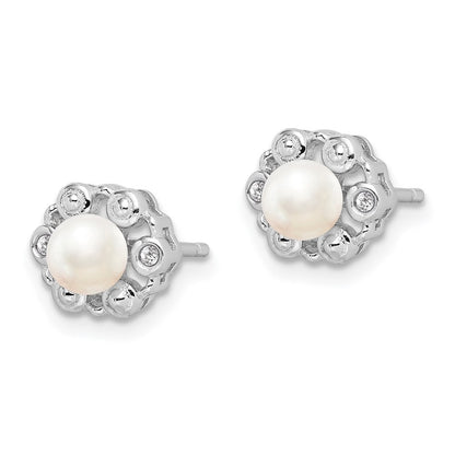 Sterling Silver Rhodium-plated FW Cultured Pearl & Diam. Button Stud Earrings