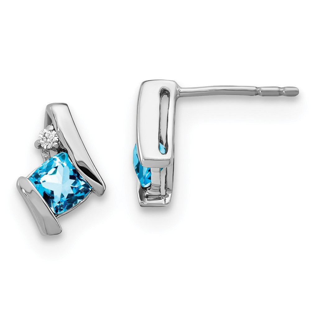 Sterling Silver Antique Cushion Blue Topaz and Diamond Button Stud Earrings