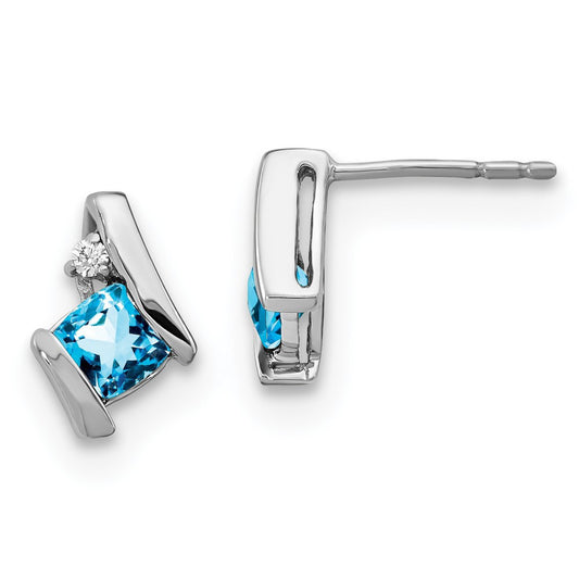 Sterling Silver Antique Cushion Blue Topaz and Diamond Button Stud Earrings