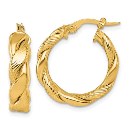 14k Yellow Gold Polished and Textured Twisted Hoop Earrings