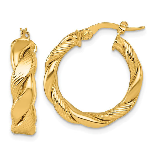 14k Yellow Gold Polished and Textured Twisted Hoop Earrings