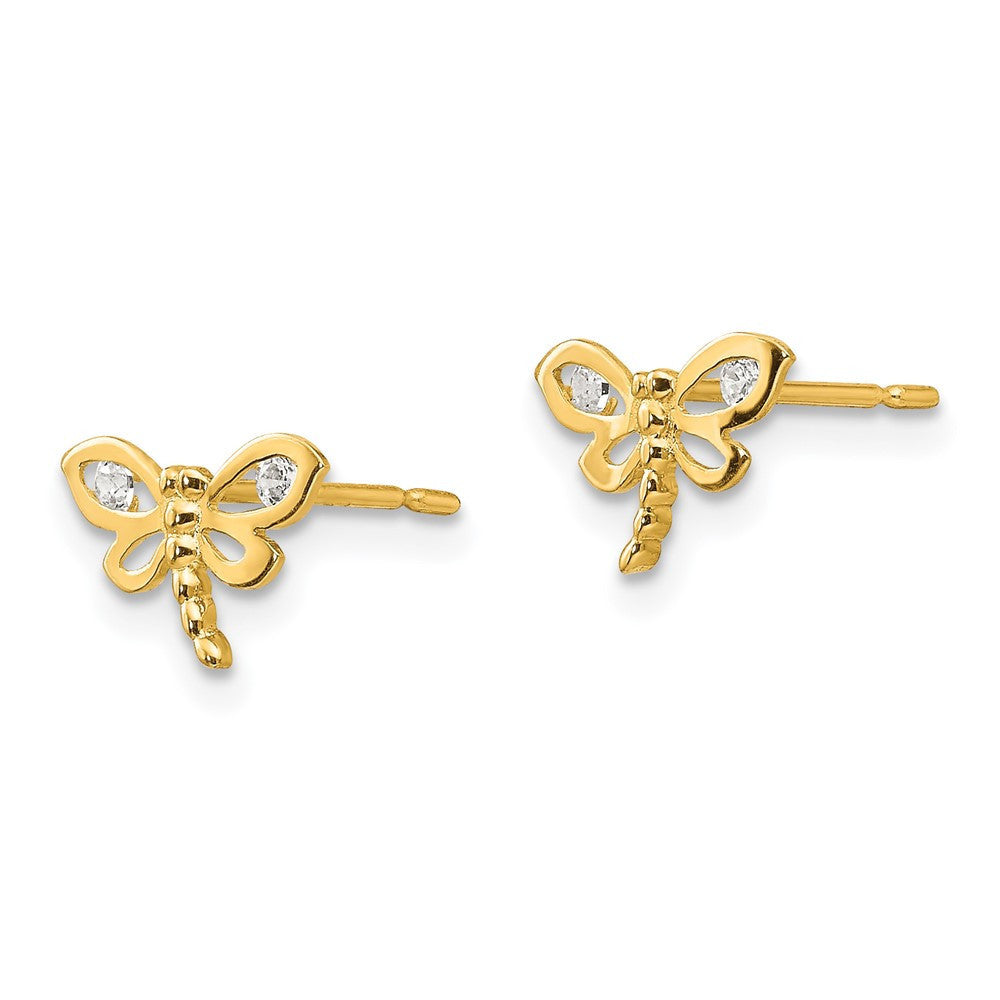14k Yellow Gold CZ Children's Dragonfly Button Stud Earrings