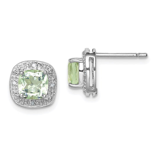 Sterling Silver Rhodium Plated Green Quartz and Diamond Button Stud Earrings