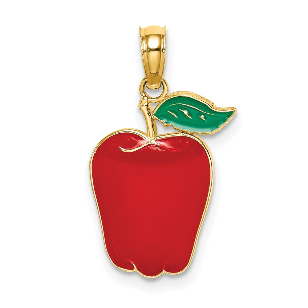 14k Yellow Gold Enamel Red Delicious Apple Stem and Leaf Charm Pendant