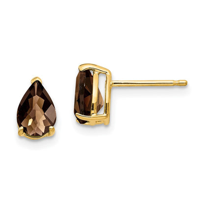 14k Yellow Gold 7x5 Pear Checker-Cut Smoky Quartz Stud Earrings